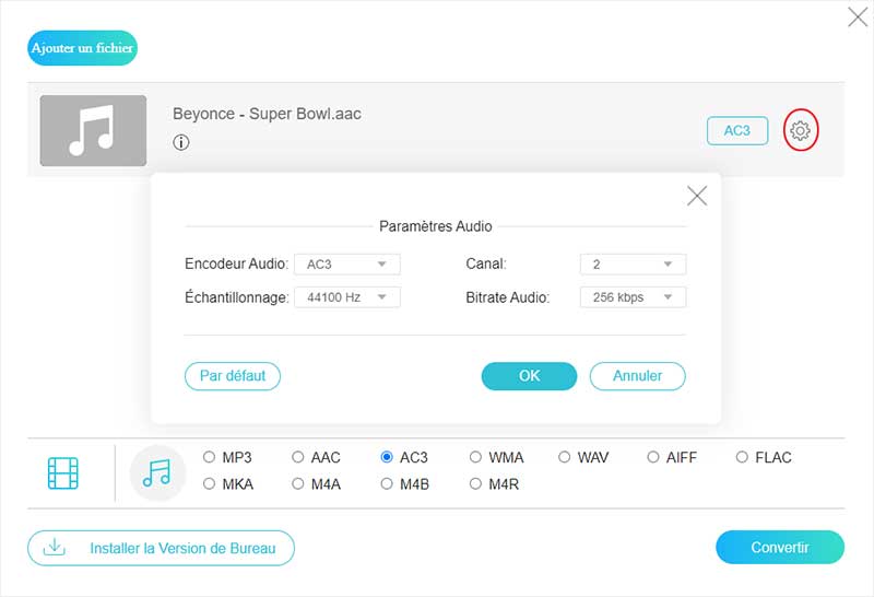 Paramètres audio AAC en AC3