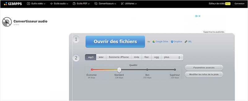 Convertir audio en MP3 en ligne avec 123APPS