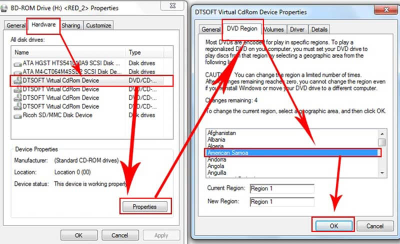 Changer le lecteur de DVD de code de région