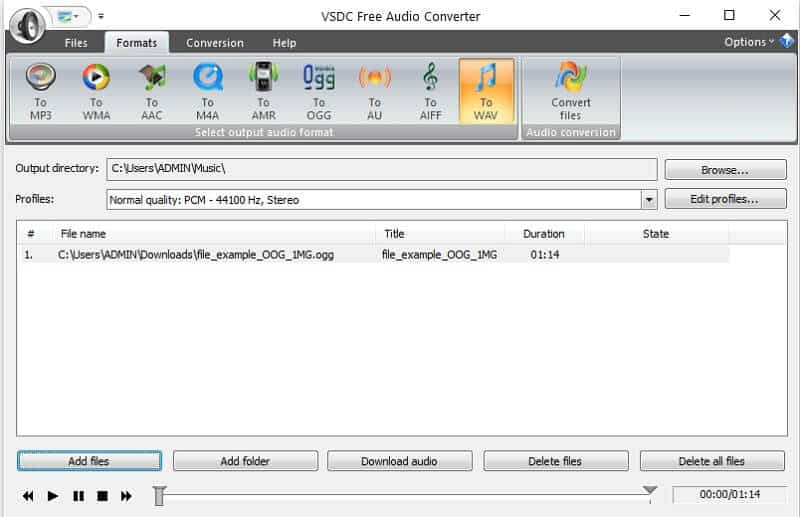 Interface de convertisseur audio VSDC OGG vers WAV