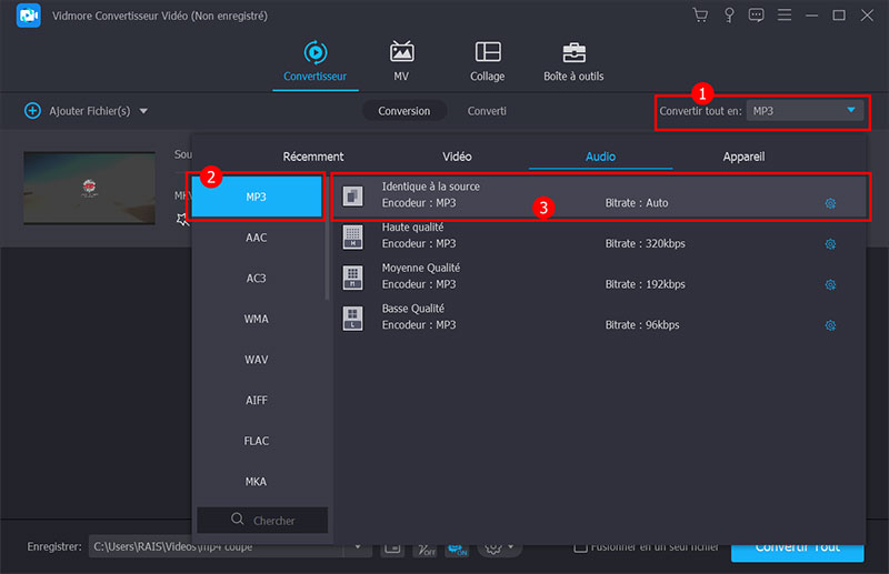 Définir le format de sortie MP3